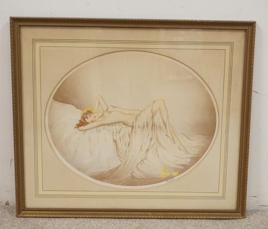 RENART ART DECO PRINT: RENART ART DECO PRINT OF A RECLINING NUDE, OVERALL DIMENSIONS, 27 1/2 IN X 23 3/4 IN