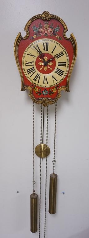 EUROPEAN WALL CLOCK W/ PAINT DECORATED FACE: EUROPEAN WALL CLOCK WITH FLORAL PAINT DECORATED FACE