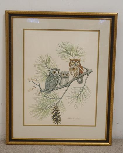 OWL PRINT BY ALBERT EARL GILBERT: OWL PRINT BY ALBERT EARL GILBERT 1977 PENCIL SIGNED, ARTIST INFO ON THE REVERSE, OVERALL DIMENSIONS ARE 24 1/2 X 31 IN