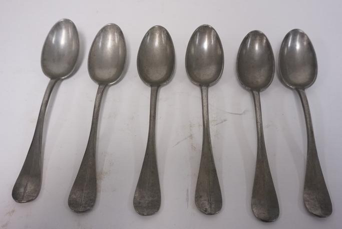 SET OF 6 ANTIQUE PEWTER SERVING SPOONS: SET OF SIX ANTIQUE PEWTER SERVING SPOONS, SIGNED PLANE AINE, 8 IN L