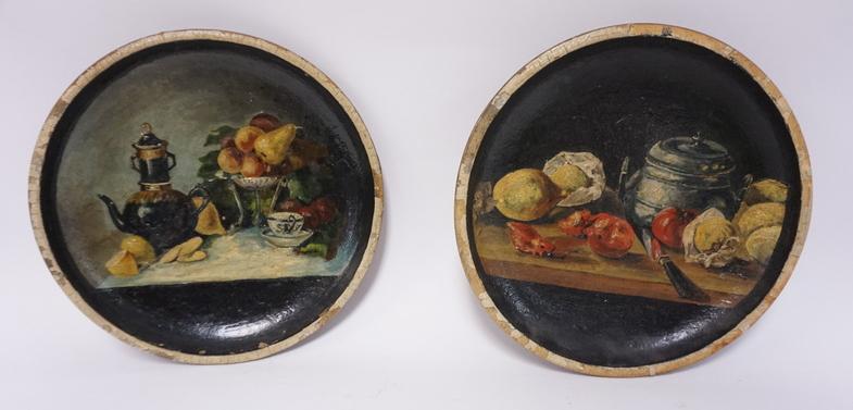 2 HP WALL PLAQUES PAINTED ON POTTERY LIDS: TWO HAND PAINTED PLAQUES PAINTED ON POTTERY LIDS, 8 3/4 IN W