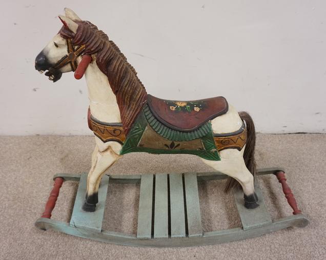 PAINT DECORATED CHILD'S WOODEN ROCKING HORSE: PAINT DECORATED CHILD'S WOODEN ROCKING HORSE,THERE IS A CRACK ON BOTTOM RAIL, CONTEMPORARY COPY