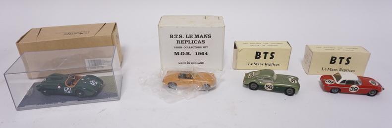 LE MANS REPLICAS B. T. S. & BIZARRE MODEL CARS, LOT OF: LOT OF FOUR LE MANS REPLICAS B. T. S. & BIZARRE CAR MODELS W/ BOXES, B. T. S. INCLUDING 1965 MGB, 1961 MGA TC NO. 58, 1964 MGB, BIZARRE FRAZER NASH MM LM51