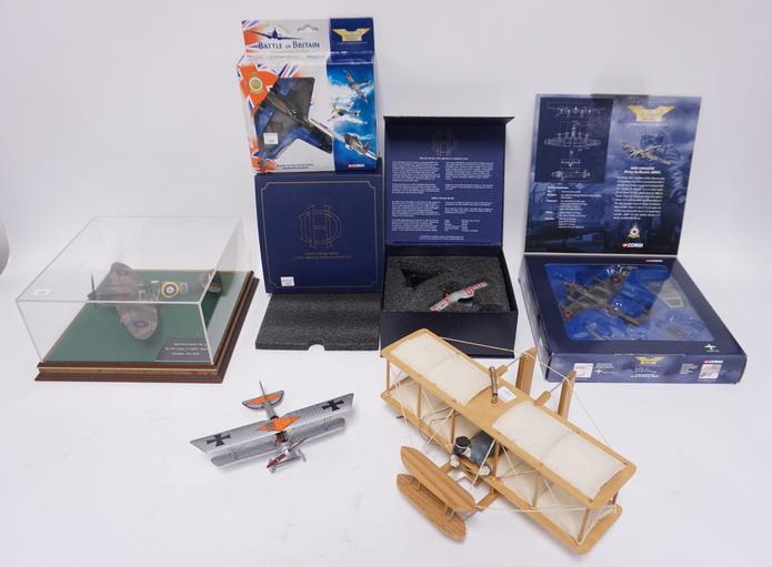 COMMEMORATIVE MODEL AIRPLANES, LOT OF 6: COMMEMORATIVE MODEL AIRPLANES, LOT OF SIX, INCLUDING CORGI BATTLE OF BRITAIN & AVRO LANCASTER, OXFORD DHA2A TIGER MOTH, SUPER MARINE SPITFIRE MK. 1A