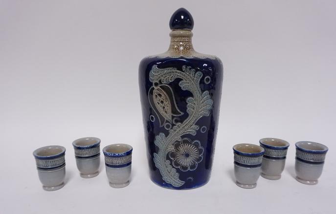 GERMAN STONEWARE CORDIAL SET: GERMAN STONEWARE CORDIAL SET, DIE STAMPED REINH MERKELBACH HOHR-GRENZHAUSEN, 9 1/2 IN H
