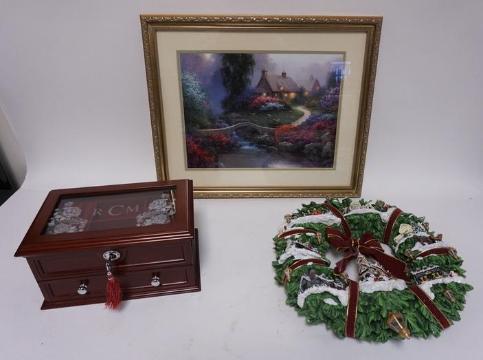THOMAS KINKADE 3 PC LOT: THOMAS KINKADE THREE PIECE LOT, INCLUDING A PRINT, JEWELRY BOX & A CHRISTMAS VILLAGE NO. B5596 WREATH, WREATH IS 15 1/2 IN DIAMETER