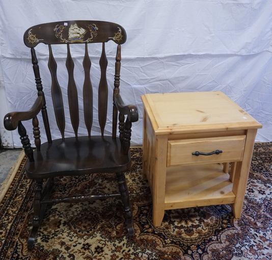 BOSTON ROCKER W/ SAILING SHIP DECORATION & BOYD 1 DRW: BOSTON ROCKER W/ SAILING SHIP DECORATION & BOYD ONE DRAWER STAND