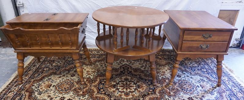 ETHAN ALLEN AMERICAN TRADITIONAL 3 TABLES: ETHAN ALLEN AMERICAN TRADITIONAL LOT OF THREE TABLES, TWO DRAWER END TABLE, ROTATING ROUND TABLE W/ BOOKSHELF & AN END TABLE W/ A LIP TOP COMPARTMENT