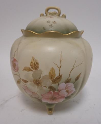 HP NIPPON BISCUIT JAR: HAND PAINTED NIPPON BISCUIT JAR, 8 IN H