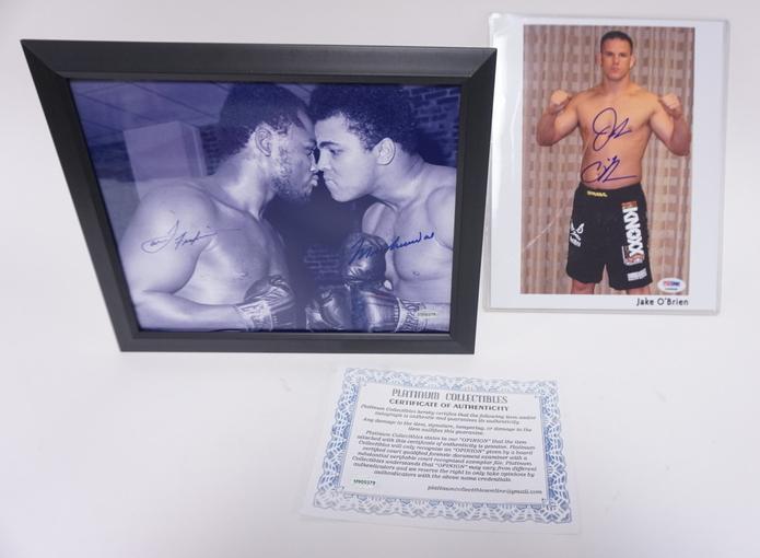 8 X 10 AUTOGRAPHED PHOTO OF MUHAMMAD ALI & JOE FRAZIER: 8 X 10 AUTOGRAPHED PHOTO OF MUHAMMAD ALI & JOE FRAZIER & JAKE OBRIEN W/ COA