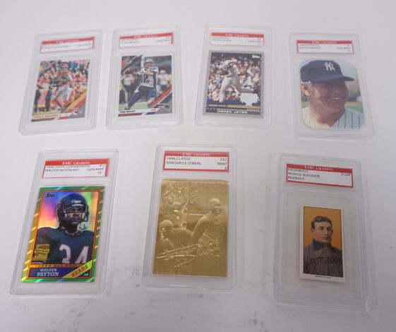 GROUP OF 7 SPORTS CARDS: GROUP OF 7 SPORTS CARDS, 1996 MINT SHAQUILLE O'NEAL, 2019 GEM MINT PATRICK MAHOMES, 2019 GEM MINT TOM BRADY, HONUS WAGNER PIEDMONT REPRINT, 1996 GEM MINT COMMERATIVE WALTER PAYTON REF. 1986 GEM MINT M