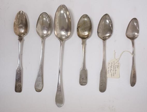 GRP OF 6 ANTIQUE COIN SILVER SPOONS: GROUP OF SIX ANTIQUE COIN SILVER SPOONS VARIOUS MAKERS, LONGEST IS 7 1/4 IN 3.07 TROY OZ