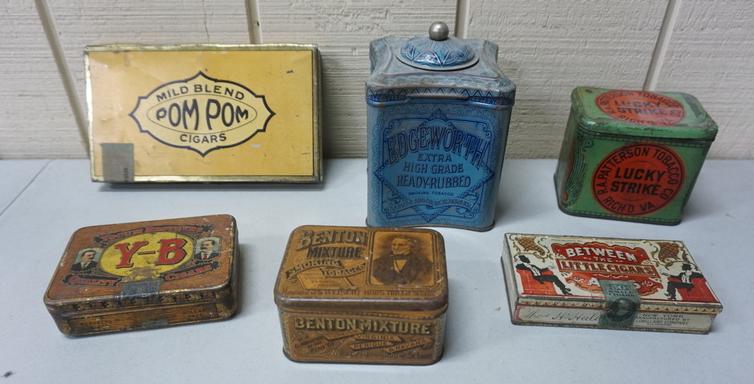 ANTIQUE TOBACCO TINS, GRP OF 6: ANTIQUE TOBACCO TINS, GROUP OF 6, POM POM CIGARS, EDGEWORTH SMOKING TOBACCO, BETWEEN THE LITTLE CIGARS , LUCKY STRIKE, BENTON MIXTURE & W-B CIGARS
