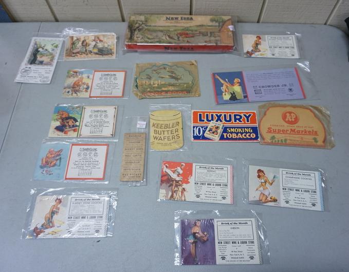 LOT OF VINTAGE PAPER: LOT OF VINTAGE PAPER INCLUDING BLOTTERS, PUZZLE NEW IDEA FARM EQUIPMENT, NEEDLE BOOKS,DORNEY PARK TICKETS FROM 1954
