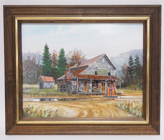 FRAMED PAINTING EDGARS MARKET SIGNED WEINTRAUB: FRAMED PAINTING, EDGARS MARKET, SIGNED WEINTRAUB LOWER RIGHT, OVERALL DIMENSIONS 17 1/2 IN 14 1/2 IN