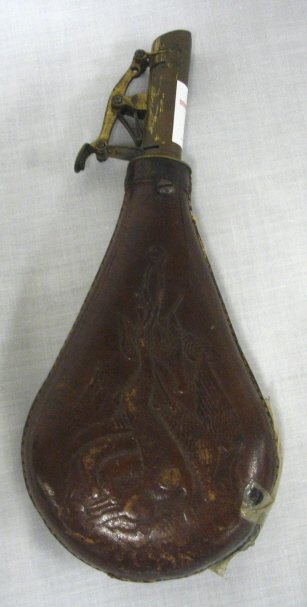 LEATHER SHOT BAG W/EMBOSSED GAME SCENE; BRASS TOP;