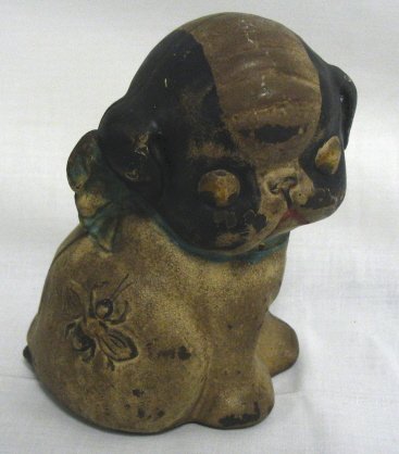 PUPPY & BUG CAST IRON STILL BANK; SIGNATURE ON BACK