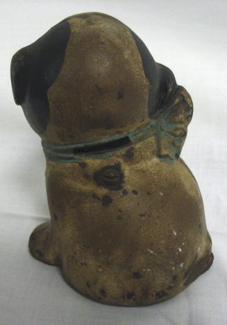 PUPPY & BUG CAST IRON STILL BANK; SIGNATURE ON BACK - 2