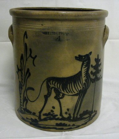 WHITES UTICA BLUE DECORATED ZEBRA CROCK, 4 GAL; HA
