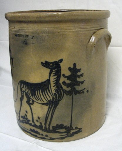WHITES UTICA BLUE DECORATED ZEBRA CROCK, 4 GAL; HA - 2