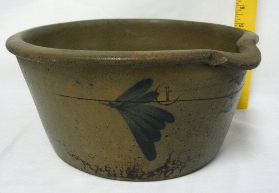BLUE DECORATED STONEWARE BOWL W/POURING LIP; HAIRL