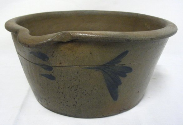 BLUE DECORATED STONEWARE BOWL W/POURING LIP; HAIRL - 2