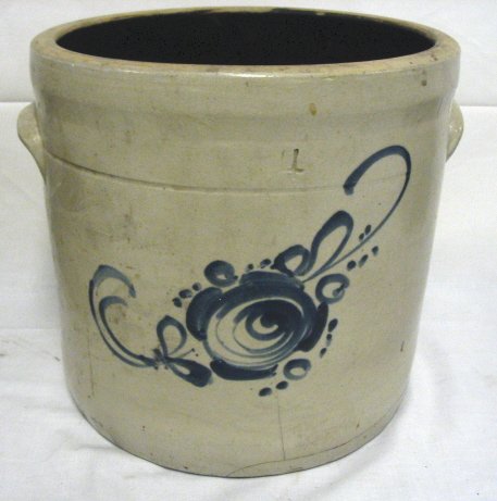 BLUE DECORATED 4 GALLON CROCK; HAS HAIRLINES AT TH