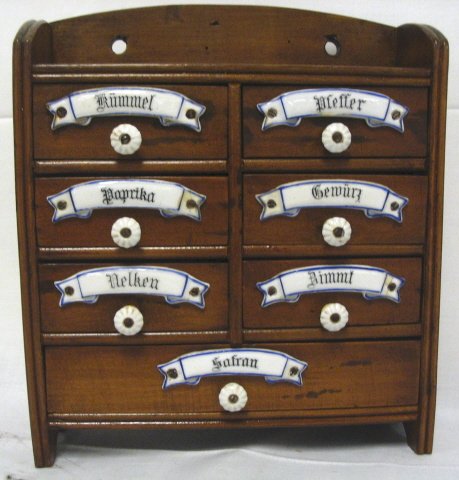 7 DRW GERMAN HANGING SPICE CHEST; HAS BLUE DECORAT
