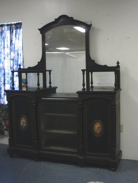 EBONIZED VICTORIAN BREAKFRONT ETEGERE; HAS HAND PA