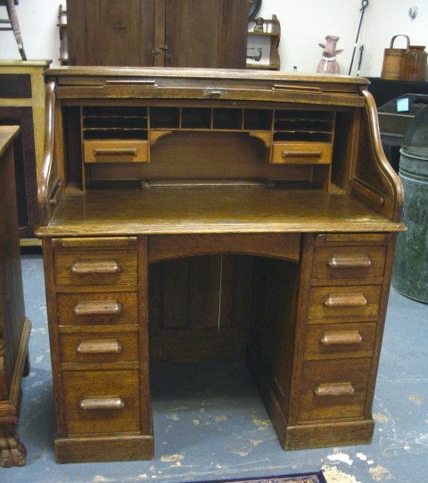 LEBUS OAK ROLL TOP DESK; HAS METAL PLAQUE *THE LEB