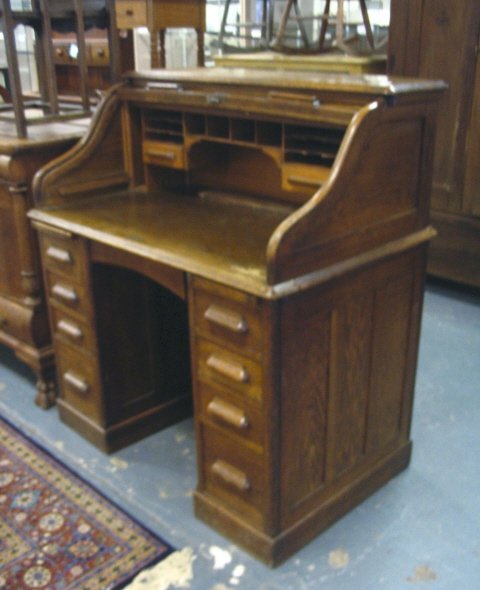 LEBUS OAK ROLL TOP DESK; HAS METAL PLAQUE *THE LEB - 2