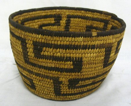 DECORATED AMERICAN INDIAN BASKET; 8 IN DIA, 4 3/4
