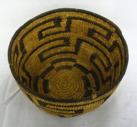 DECORATED AMERICAN INDIAN BASKET; 8 IN DIA, 4 3/4 - 2
