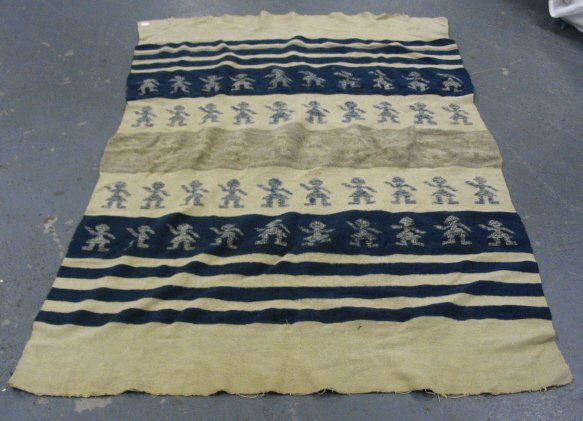 WOVEN BLANKET W/FIGURES, BLUE & WHITE; 76 IN X 51