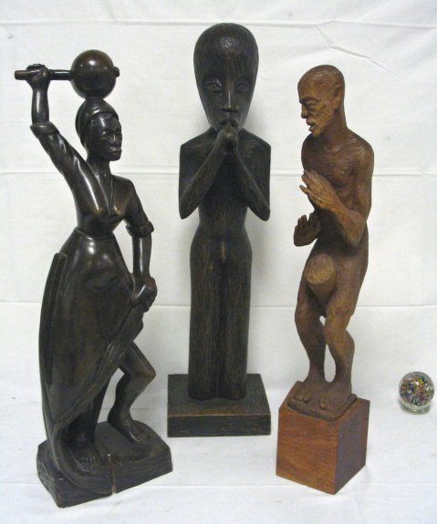 3 LARGE AFRICAN WOOD CARVINGS; TALLEST IS 29 IN
