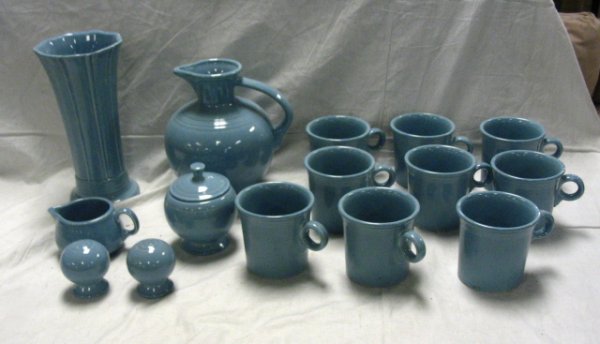 FIESTA LOT; PERIWINKLE; MED VASE, CARAFE, 9 MUGS,