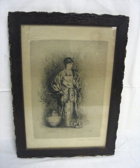 CHARCOAL ON SILK BY LEON MORAN: CHARCOAL ON SILK BY LEON MORAN, *JAPANESE FANTASY*, WOMAN IN ORIENTAL DRESS, IN ORIGINAL OAK FRAME, SIGNED ON THE IMAGE & PENCIL SIGNED ON THE BORDER, IMAGE & SIGNED BORDER, STAINING IN UPPER LEFT COR