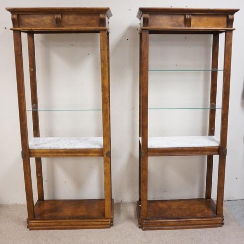 CURIO SHELVES: PR. OF WALL CURIO SHELVES WITH MARBLE CENTER AND GLASS SHELVES. FINISH ISSUES AT BASE AND TOPS.
