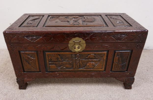 CARVED PANELED WOODEN ASIAN CHEST (1 of 5)