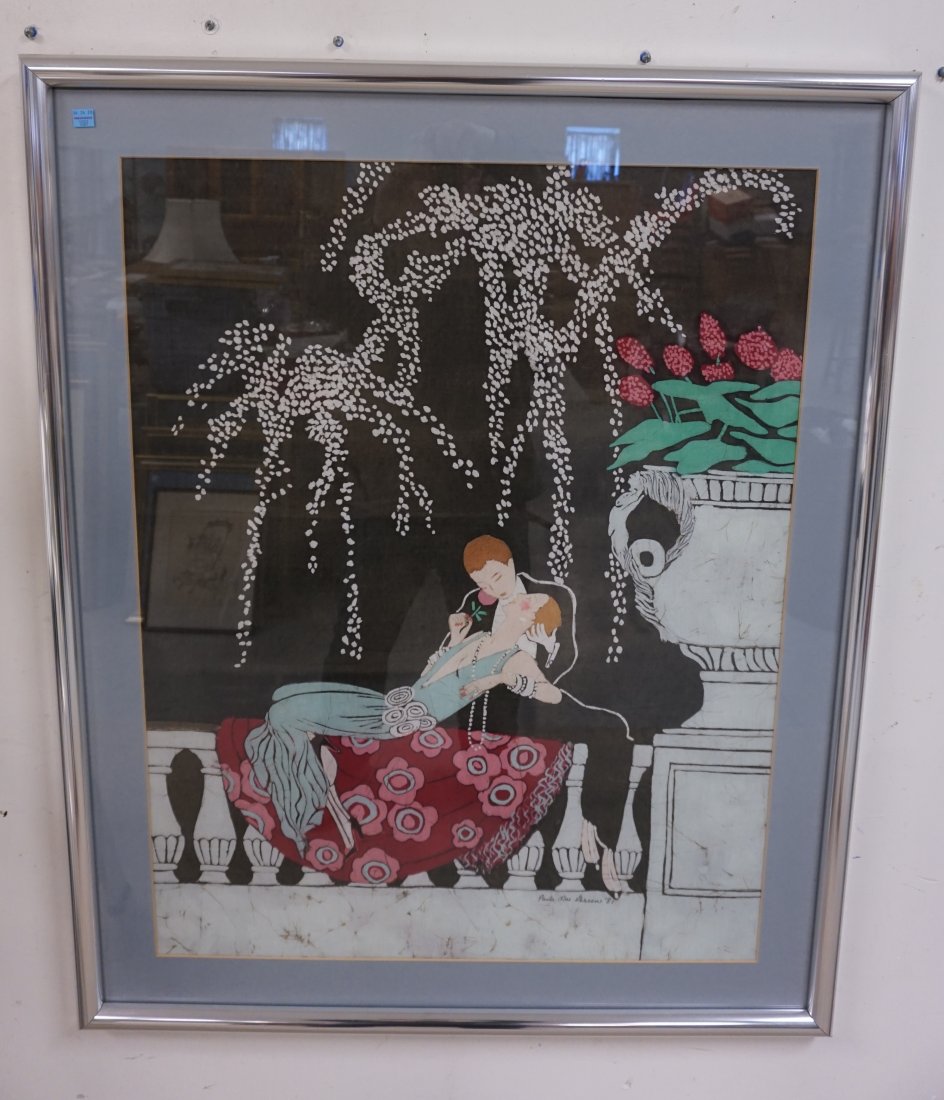 PAULA MAE GREEN BATIK SIGNED PRINT: PAULA MAE GREEN BATIK SIGNED AND DATED 81. DECO MAN BENDING OVER TO KISS A WOMAN. IMAGE SIZE IS 29 1/2 IN. X 34 1/4 IN.