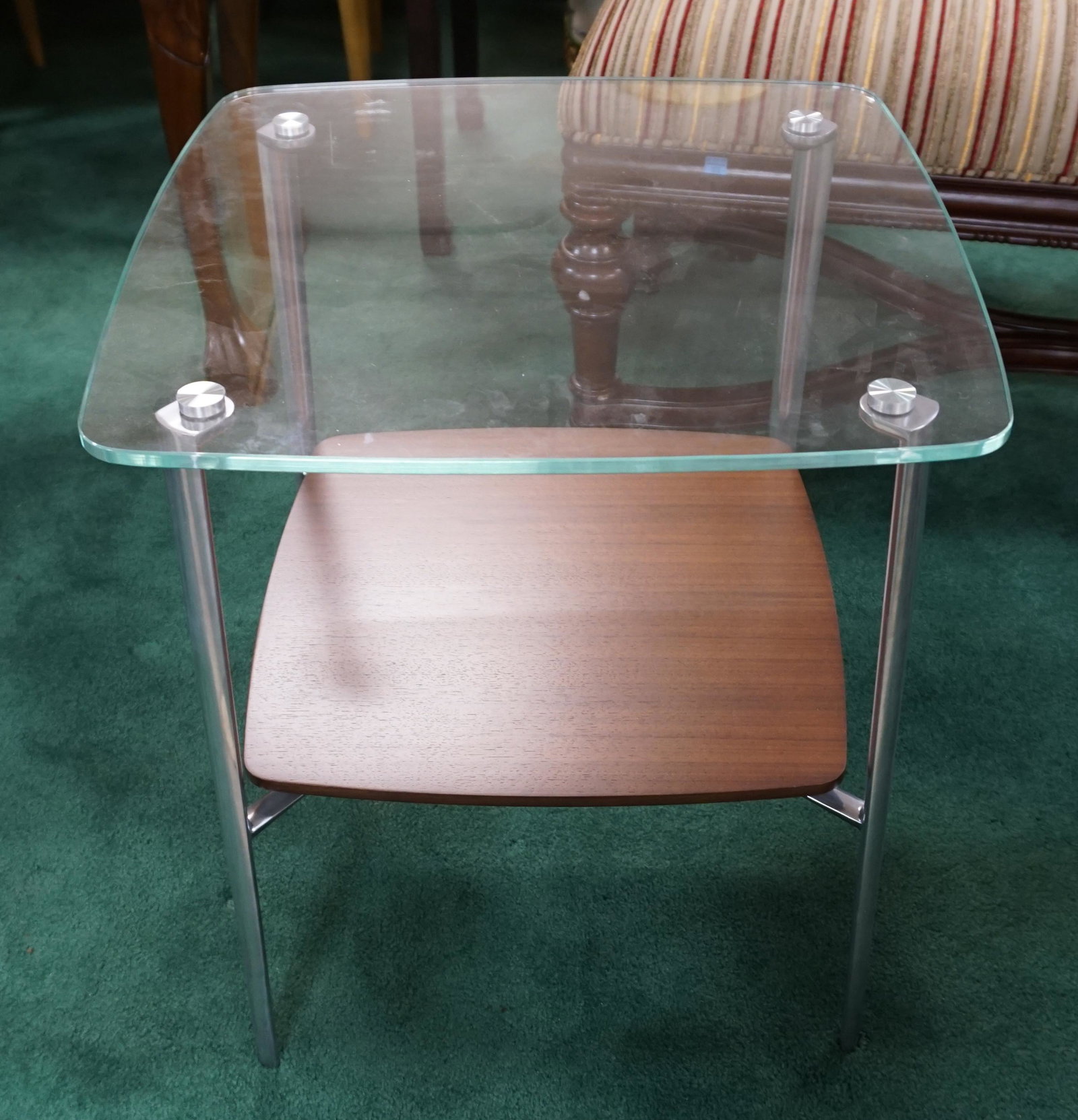 MODERN SIDE TABLE: MODERN WOOD, GLASS AND CHROME SIDE TABLE