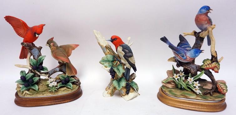 ANDREA BIRD FIGURES: ANDREA BIRD FIGURES, LOT OF 3. GROUP OF CARDINALS, BLUE BIRD AND RED HEADED WOODPECKER, TALLEST IS 12 3/4 IN.