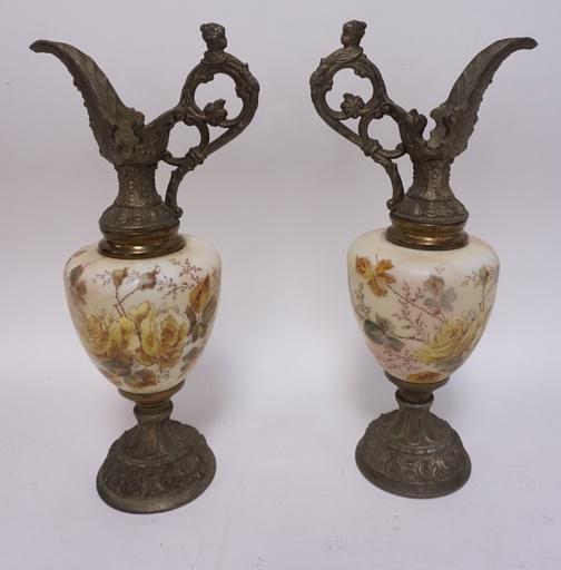 2 SPELTER AND GLASS EWERS: 2 SPELTER AND GLASS EWERS, 14 IN HIGH