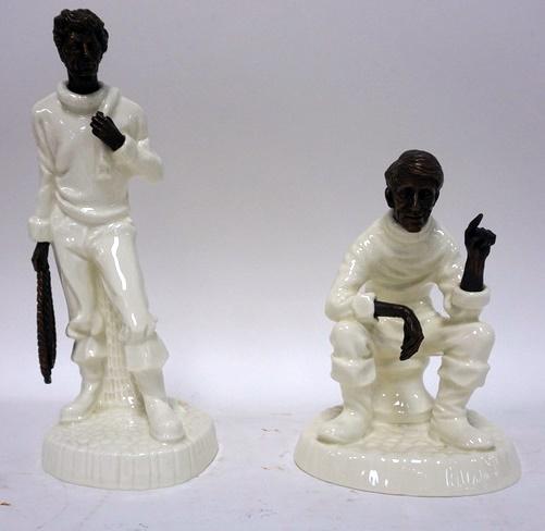 MINTON BONE CHINA AND BRONZE FIGURES: MINTON BONE CHINA AND BRONZE FIGURES, LOT OF 2. THE FISHERMAN AND TRAVELERS TALES, 1978. TALLEST IS 10 IN.