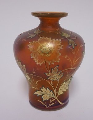 FRITZ HECKERT ART GLASS ENAMELED VASE: FRITZ HECKERT ART GLASS ENAMELED VASE, 4 1/2 IN HIGH.