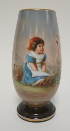 VICTORIAN VASE: VICTORIAN VASE WITH SCENE OF CHILD SITTING WITH BASKET WATCHING BUTTERFLIES. 7 3/4 IN HIGH