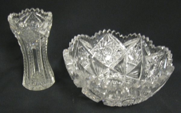 DEEP BRILLIANT CUT GLASS BOWL & VASE; BOWL IS 7 I