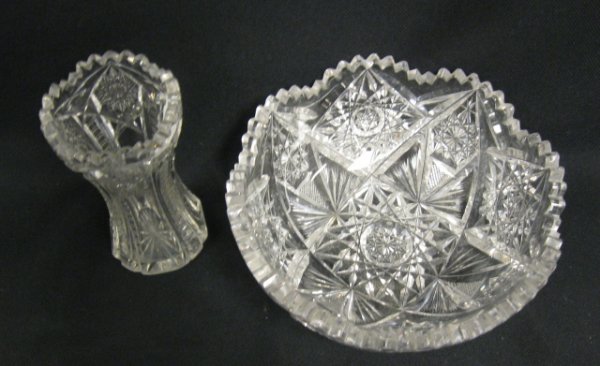 DEEP BRILLIANT CUT GLASS BOWL & VASE; BOWL IS 7 I - 2
