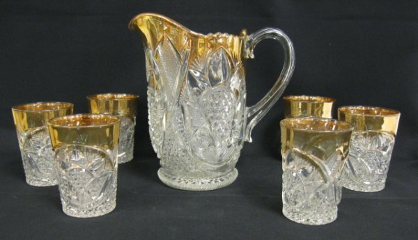 EAPG BUCKINGHAM WATER SET W/GOLD, 7 PC; US GLASS
