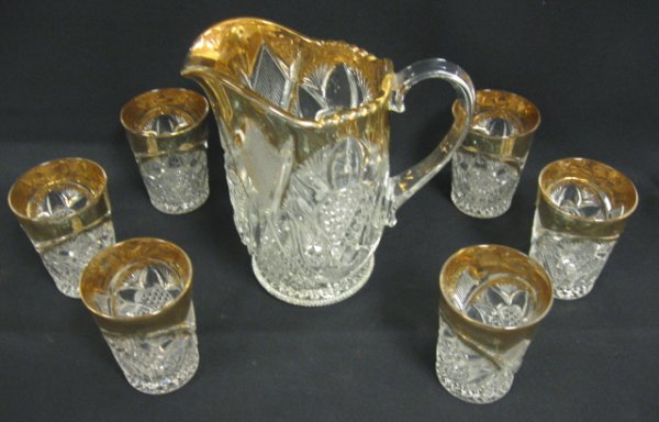 EAPG BUCKINGHAM WATER SET W/GOLD, 7 PC; US GLASS - 2
